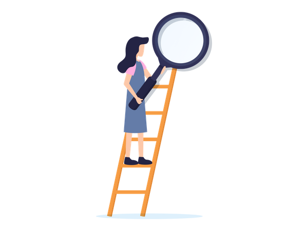 Women Holding Magnifying glass on Ladder  Illustration