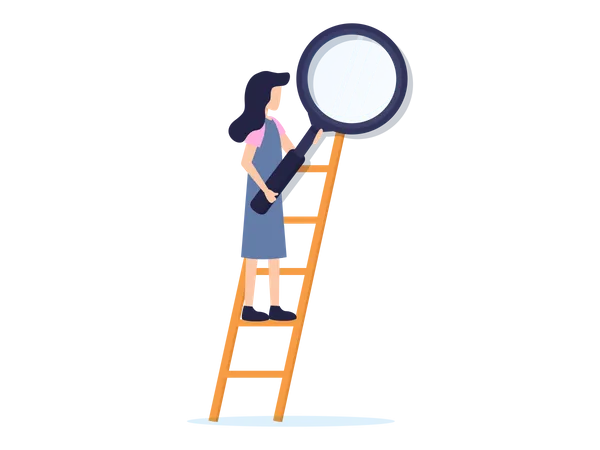 Women Holding Magnifying glass on Ladder  Illustration