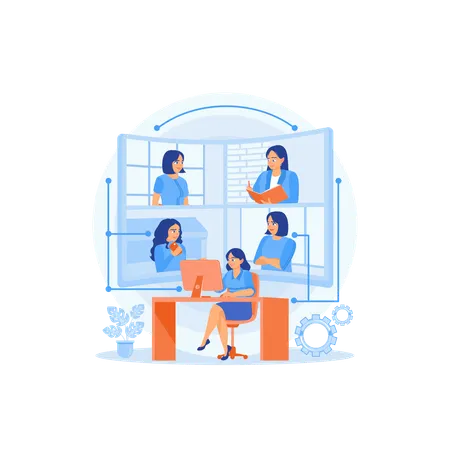 Women holding online meeting with manager and other coworkers  Illustration