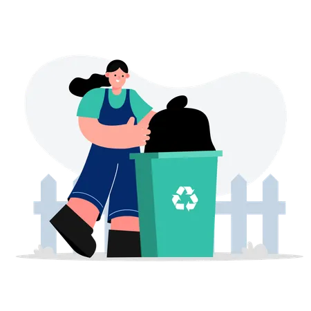 Women housekeeper carry rubbish in plastic  Illustration