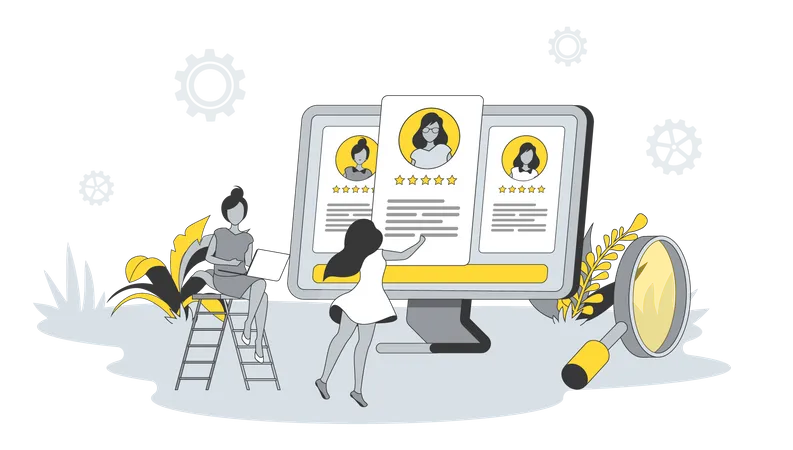 Recruiting Concept In Flat Design With People Women HR Managers Looking For New Vacancies Read Online Resumes And Select Best Candidates Vector Illustration With Character Scene For Web Banner Illustration