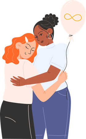 Women hugging each other and holding gold infinity balloon for Autism Awareness Day  イラスト
