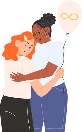 Women hugging each other and holding gold infinity balloon for Autism Awareness Day  Illustration