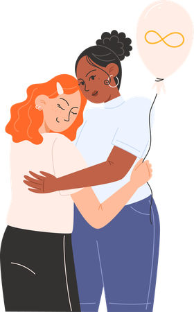 Women hugging each other and holding gold infinity balloon for Autism Awareness Day  Illustration