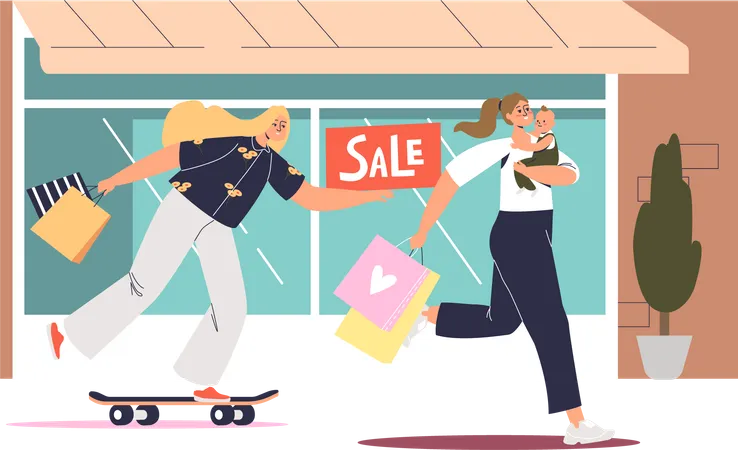 Women hurrying for shopping at seasonal sales  Illustration