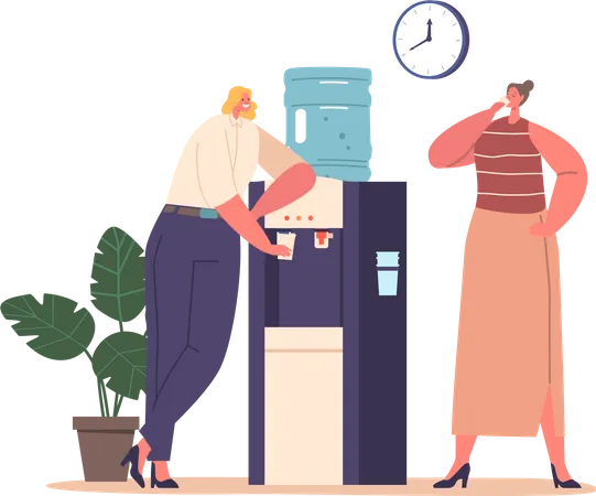Women Hydrate In Office With Refreshing Water Promoting Health And Productivity Throughout The Day Female Characters Chatting At Water Cooler Cartoon People Vector Illustration Illustration