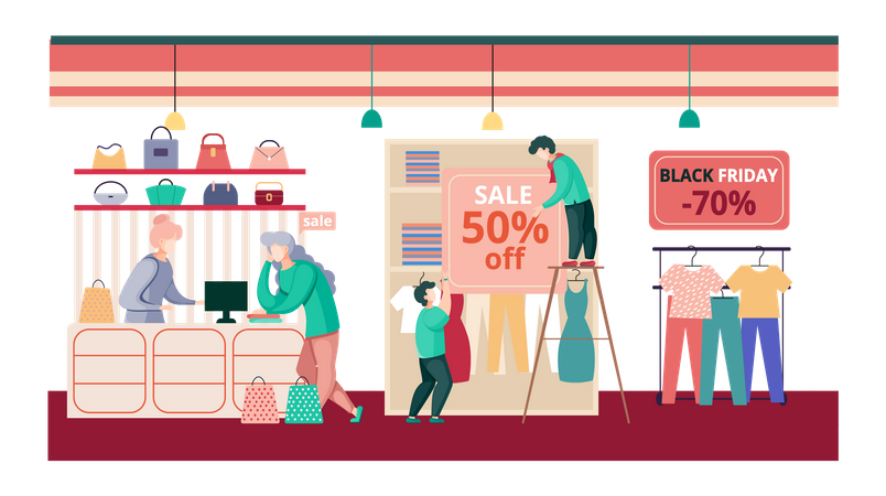 Women in clothing store on black Friday Illustration