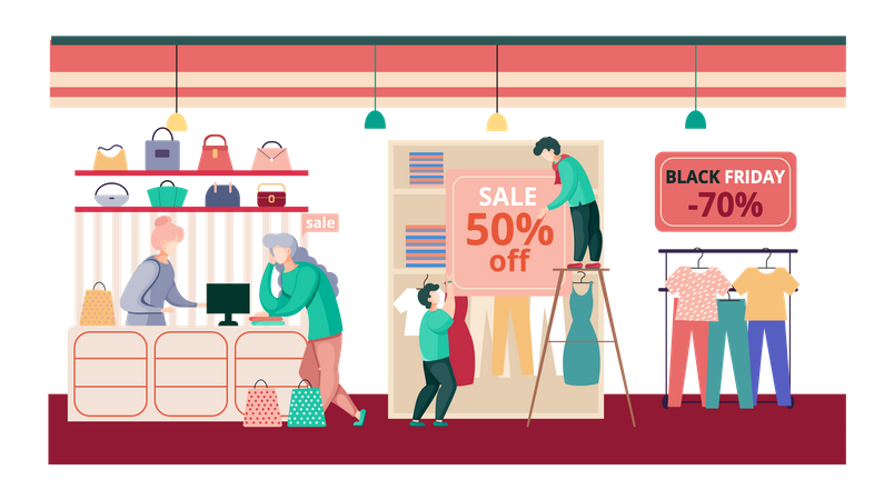 Women in clothing store on black Friday  Illustration