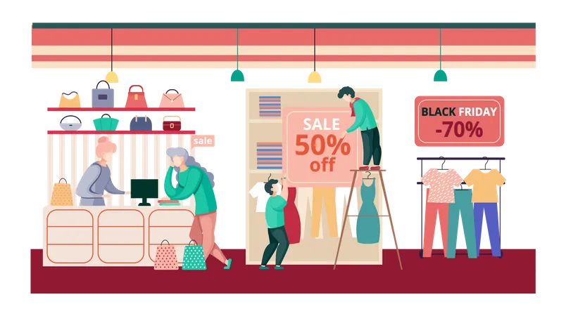 Women in clothing store on black Friday  Illustration