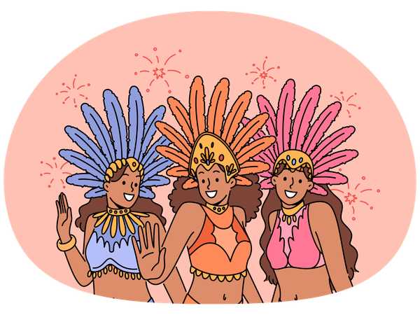 Women in colorful costumes dance on carnival  Illustration