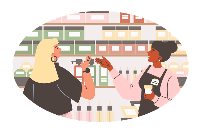 Women in cosmetic assistant helps buyer choose beauty accessories  Illustration
