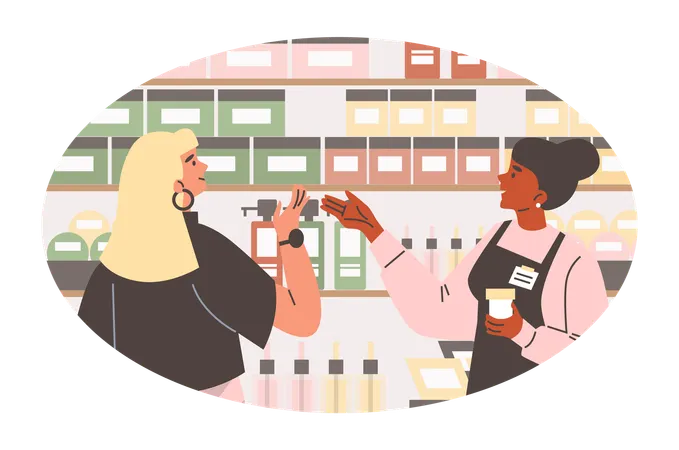 Women in cosmetic assistant helps buyer choose beauty accessories  Illustration
