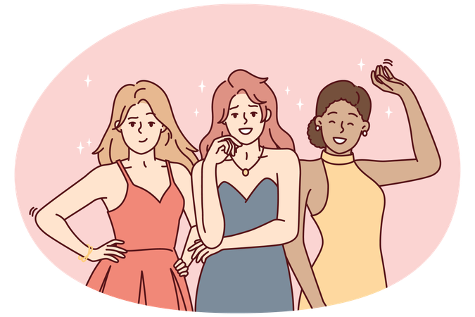 Women in evening dresses posing before festive event  Illustration