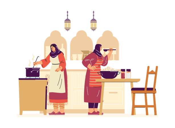 Women in hijab cooking soup and salad against a kitchen  Illustration