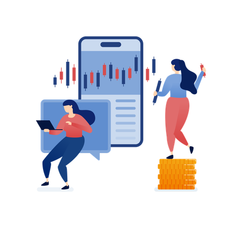 Women in investment and trading using mobile apps for stock and cryptocurrency trading  Illustration