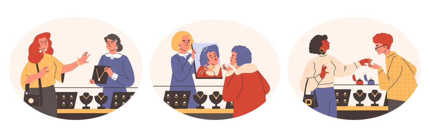 Women in jewellery store while shopping jewellery  Illustration