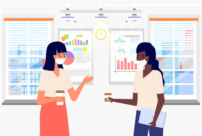Young Female Characters Are Talking Together Positive Communication Of Happy Friends People Have A Conversation Girls Drinking Coffee And Discussing At Work Masked Women Analyzing Data In Office Illustration