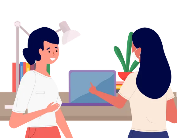 Young Female Characters Are Talking Together Positive Communication Of Happy Friends People Have A Conversation Girls Are Discussing At Work Masked Women Analyzing Data And Working With A Laptop Illustration