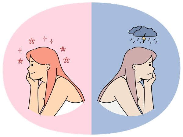 Women in opposite mood with thundercloud and spring flowers overhead, metaphor influence of climate  Illustration
