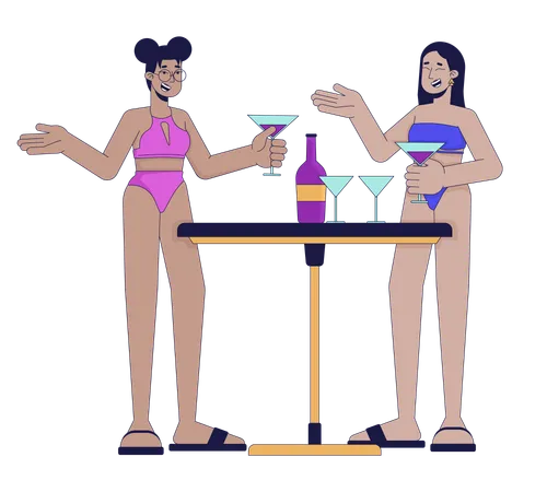 Women In Swimsuits Enjoying Cocktails 2 D Linear Cartoon Characters Female Friends At Pool Party Isolated Line Vector People White Background Beach Bar Guests Color Flat Spot Illustration Illustration