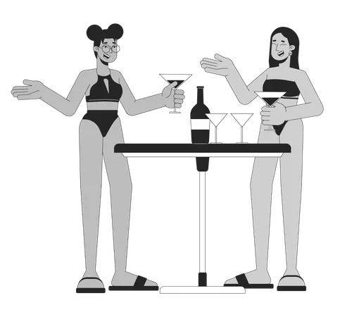Women In Swimsuits Enjoying Cocktails Black And White 2 D Line Cartoon Characters Female Friends At Pool Party Isolated Vector Outline People Beach Bar Guests Monochromatic Flat Spot Illustration Illustration