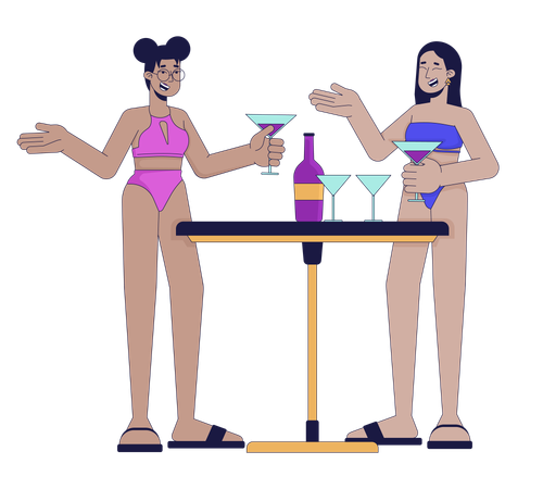 Women in swimsuits are enjoying cocktails  Illustration