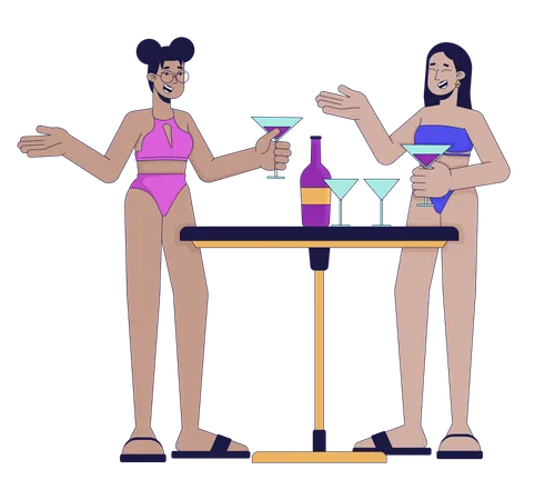 Women in swimsuits are enjoying cocktails  Illustration