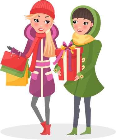 Women in Warm Winter clothes Do Shopping Together  Illustration