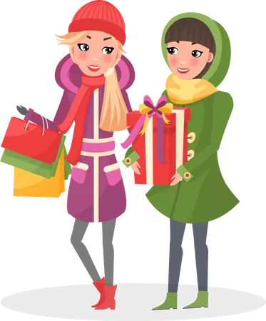 Women In Warm Winter Cloth Do Shopping Together Two Girls With Christmas Packs Wrapped Gift Boxes Buy Xmas Presents On Sale Cartoon Vector People Illustration