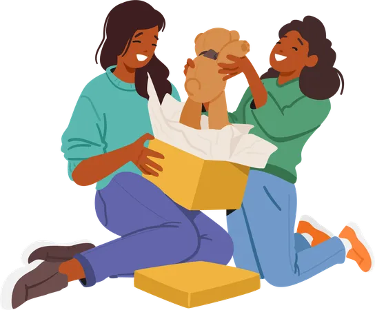 Women Joyfully Exchange Gifts  Illustration