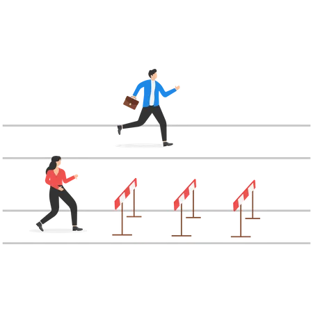 Women Jumping Over Barriers During Competition With Men Sexism And Discrimination Concept Career Problems Vector Illustration Illustration