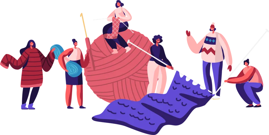 Women knitting clothes together  Illustration