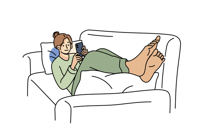 Women lie on sofa with mobile phone in hands and watching video on social networks  Illustration