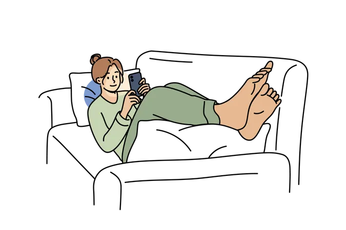 Women lie on sofa with mobile phone in hands and watching video on social networks  Illustration