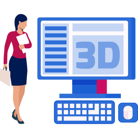 Women looking 3D graphic on monitor  Illustration