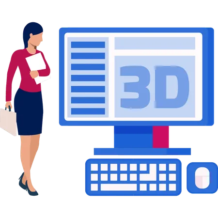 Women looking 3D graphic on monitor  Illustration