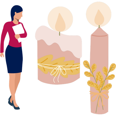 Women looking at yellow flower with candle  Illustration