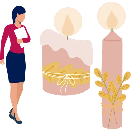 Women looking at yellow flower with candle  Illustration