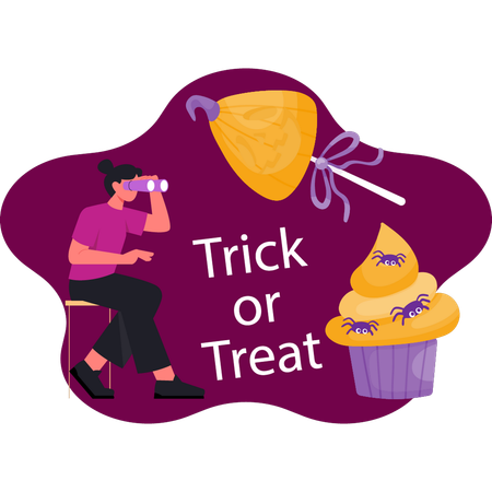 Women looking trick or treat candy by microscope  Illustration