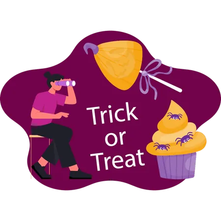 Women looking trick or treat candy by microscope  Illustration