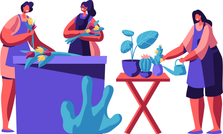Women maintaining and selling flowers at flower shop Illustration