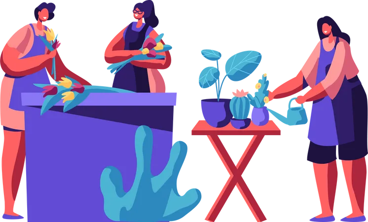 Women maintaining and selling flowers at flower shop  Illustration