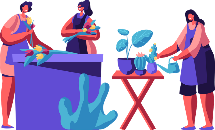 Women maintaining and selling flowers at flower shop  Illustration