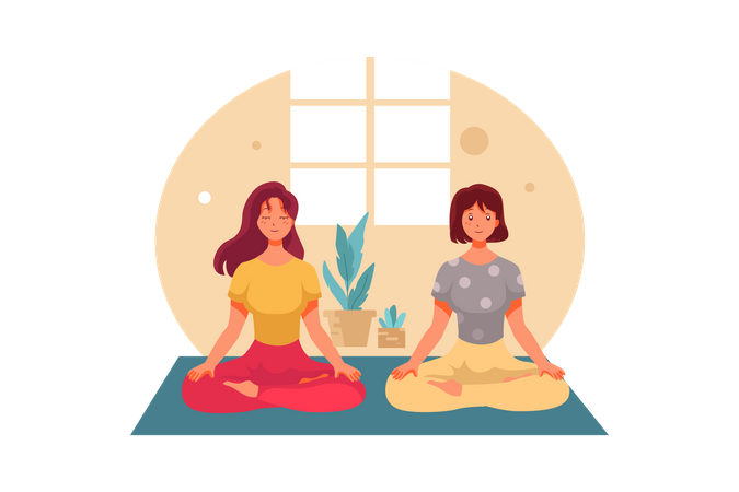 Women meditating at home Illustration