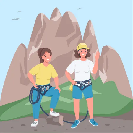 Women Mountaineers Flat Color Vector Illustration Two Girls With Climbing Equipment Cheerful Female Climbers On Summer Vacation 2 D Cartoon Characters With Mountains On Background Illustration
