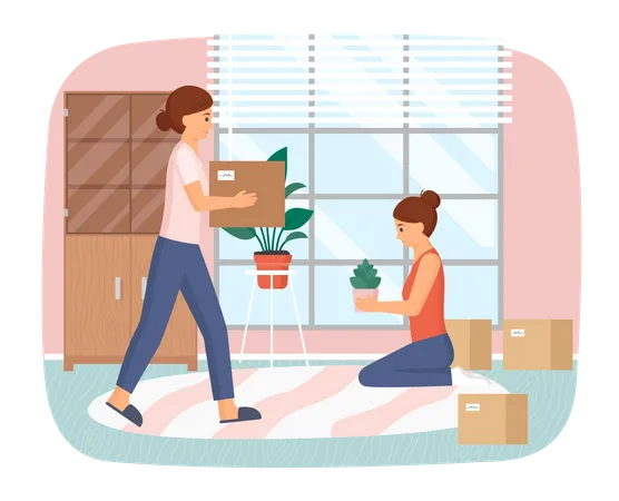 Women Moving To New House Carrying Things To Apartment Changing Place Of Residence Relocation People Unpacking Things After Shipping Decorating New Home Rental Of Premises Moving Concept Illustration