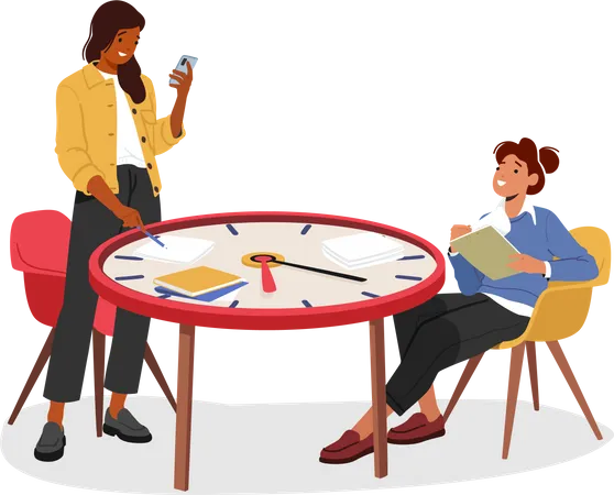 Efficient Time Management Women Characters Seated At Giant Clock Table Multitasking With Smartphone And Papers Balancing Priorities And Maximizing Productivity Cartoon People Vector Illustration Illustration