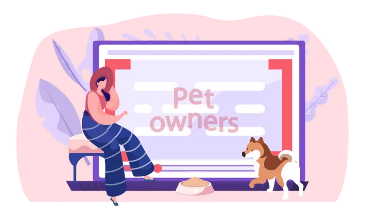 Women near computer screen with tutorial about keeping dogs at home  イラスト
