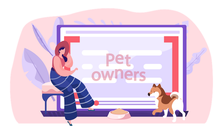 Women near computer screen with tutorial about keeping dogs at home  Illustration