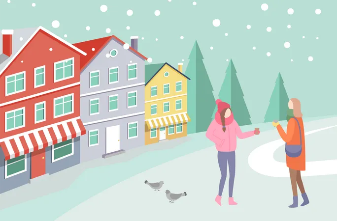 Two Women In Warm Clothes Standing Outdoor On Snowing Street Near Colorful Houses And Trees Girls Speaking And Holding Cups Near Gulls On Road Vector Illustration